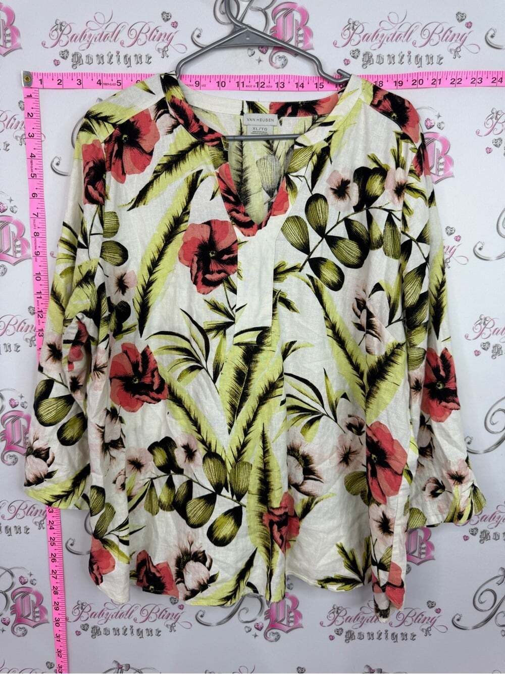 Van Heusen Cream Floral V-Neck Tunic Top - Pink & Green